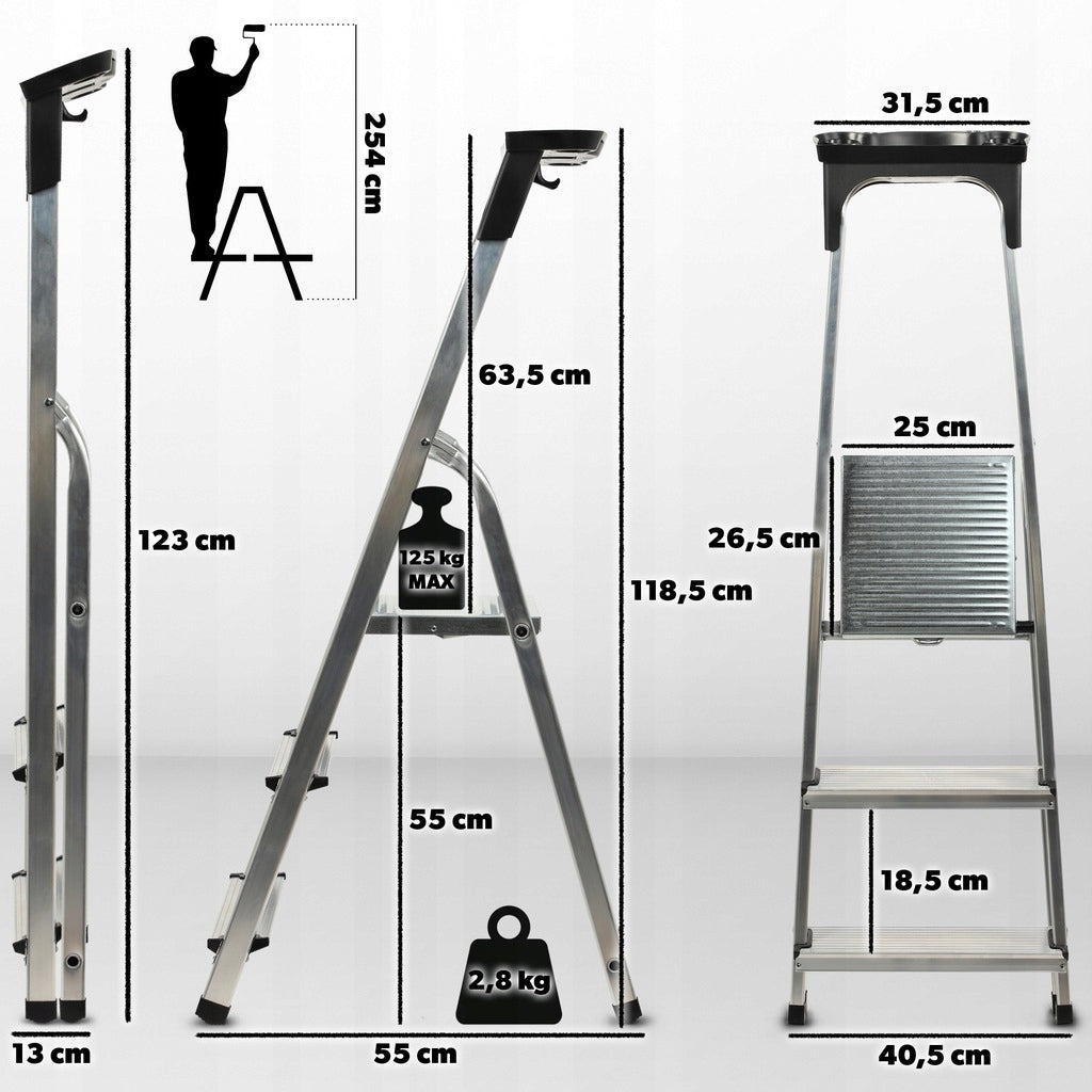 DRABINA ALUMINIOWA 3 STOPNIOWA SKŁADANA DOMOWA MOCNA PÓŁKA +HAK 125kg POVES