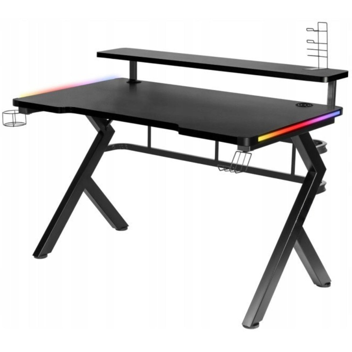 Biurko Gamingowe dla Gracza Młodzieżowe z Nadstawką+Uchwyty RGB LED Czarne
