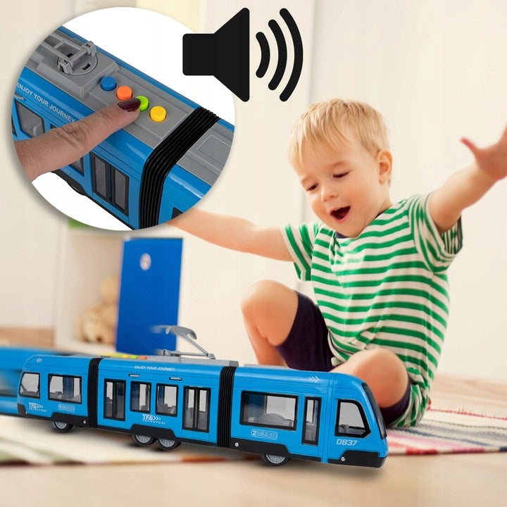 Tramwaj Trolejbus Zabawka na Baterie Światło Dźwięk Otwierane Drzwi 44cm