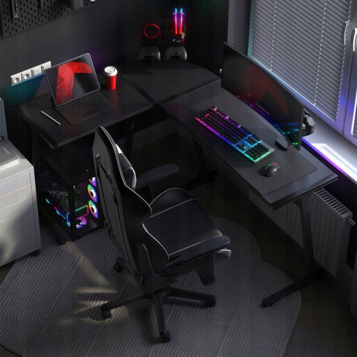 Biurko Gamingowe Młodzieżowe Narożne RGB LED Pilot Dwustronne L/P Czarne