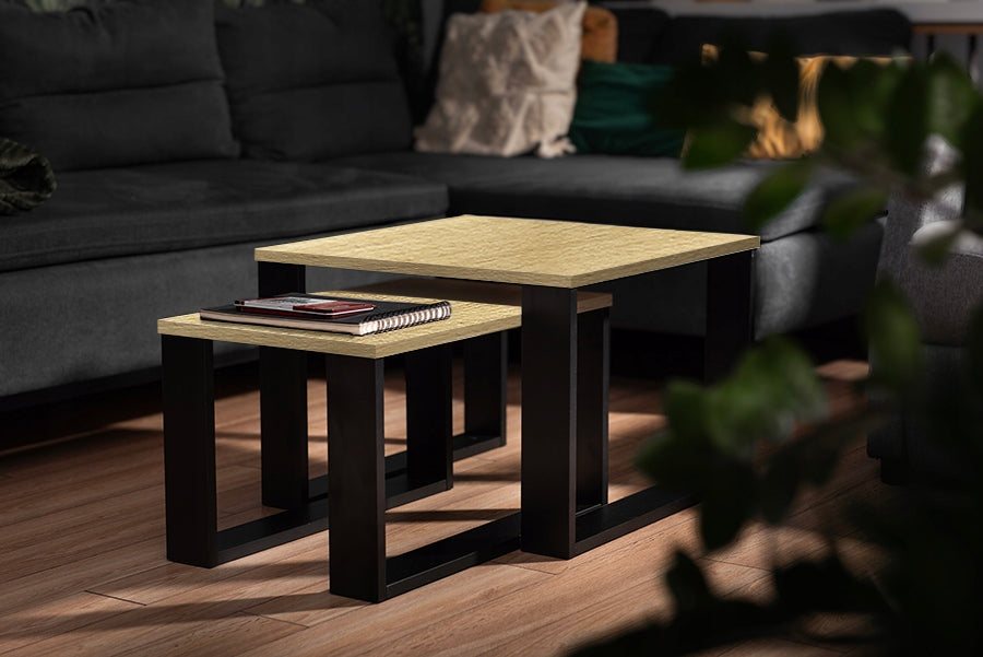 Stolik Kawowy Dąb Naturalny Loft Zestaw Kwadratowy 50x50cm 50x30cm