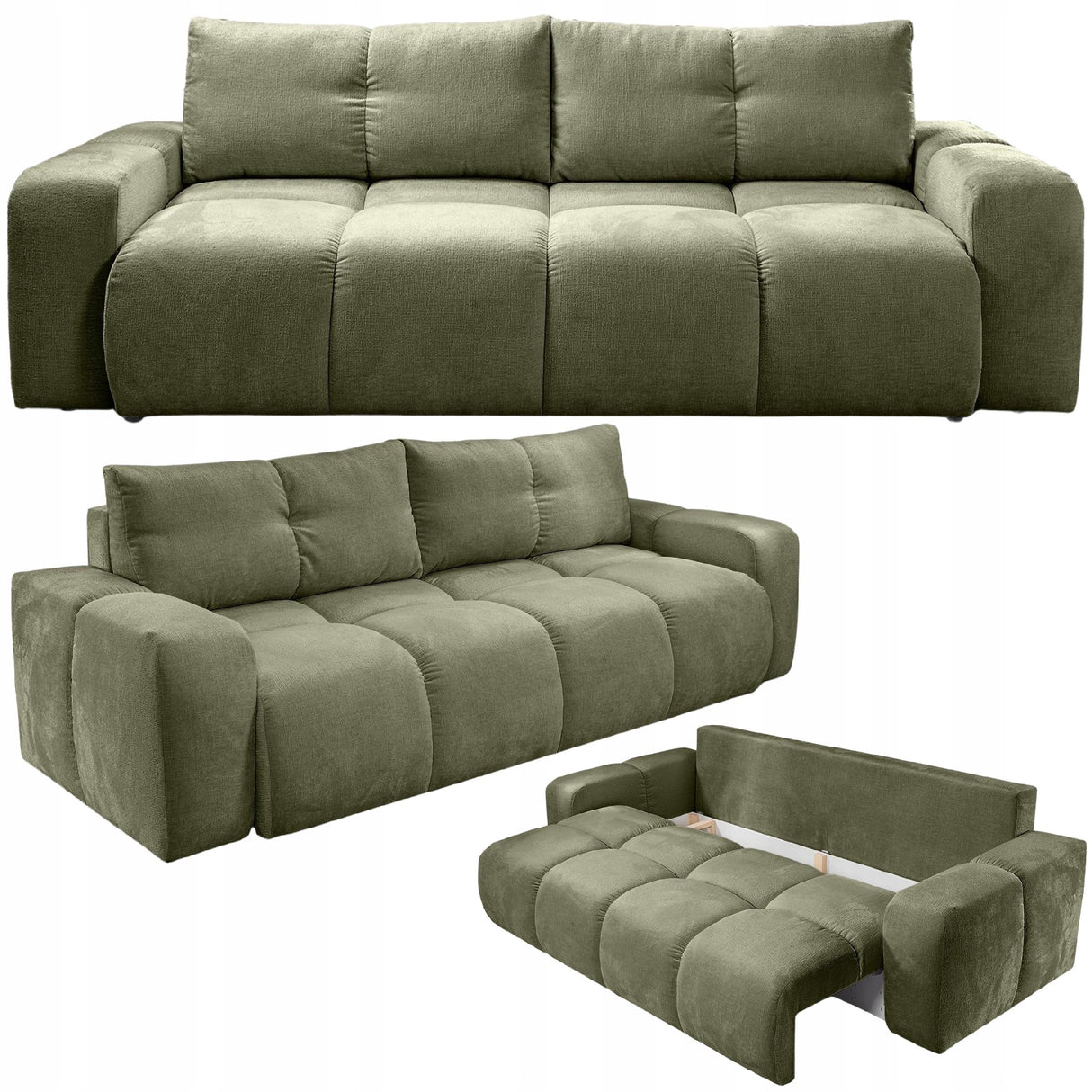 Sofa z Funkcją Spania Pojemnikiem Oliwkowo-Zielona Tkanina Perfect Harmony