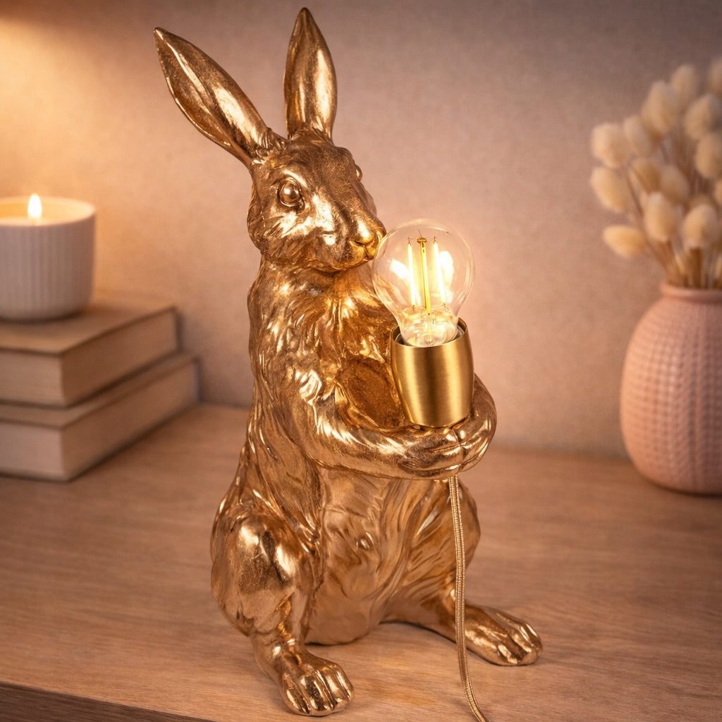Lampa Złota Stołowa w Kształcie Królika Bugsa Elegancka Lampka Mosiądz