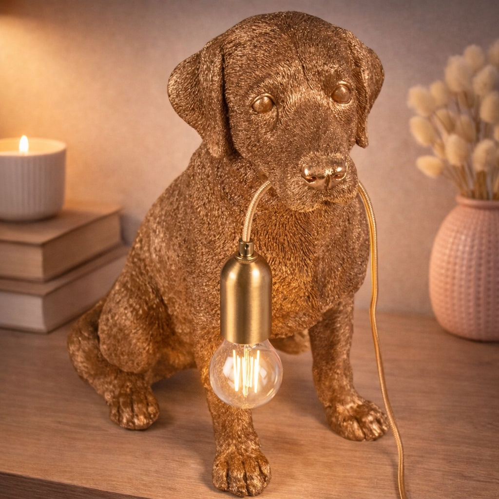 Lampa Złota Stołowa w Kształcie Pieska Elegancka Lampka Mosiądz 49 cm Pies