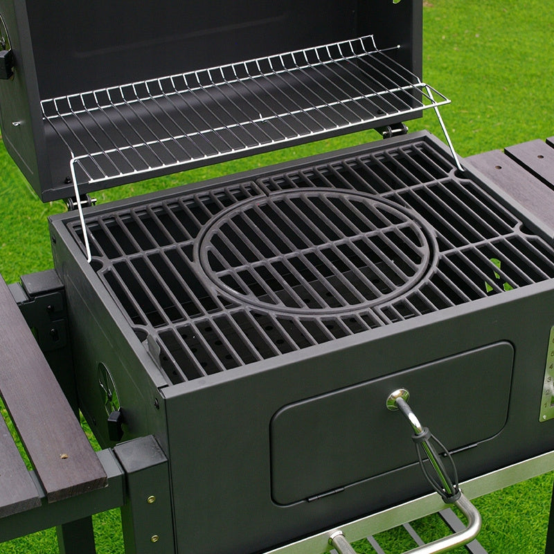 Grill Węglowy z Pokrywą i Półkami na Kółkach Ogrodowy XXL Szary Termometr