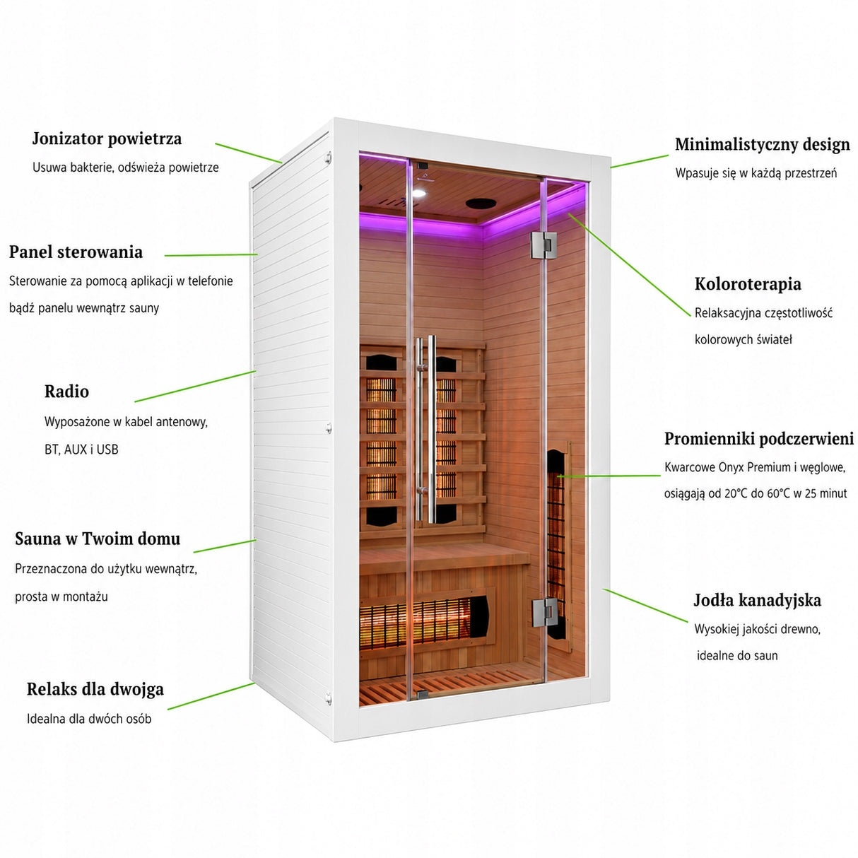 Sauna Dwuosobowa Infrared Domowe Spa na 2 Osoby Biała Lumi Core Relaks