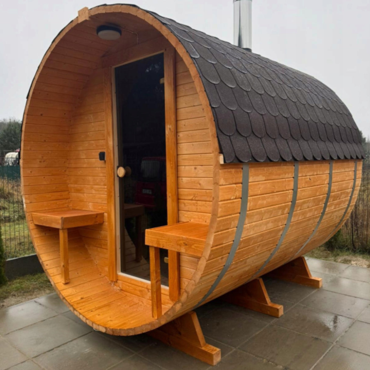 Sauna Ogrodowa z Piecem i Balią 120 cm Szwedzkie Drewno Beczka 240 cm