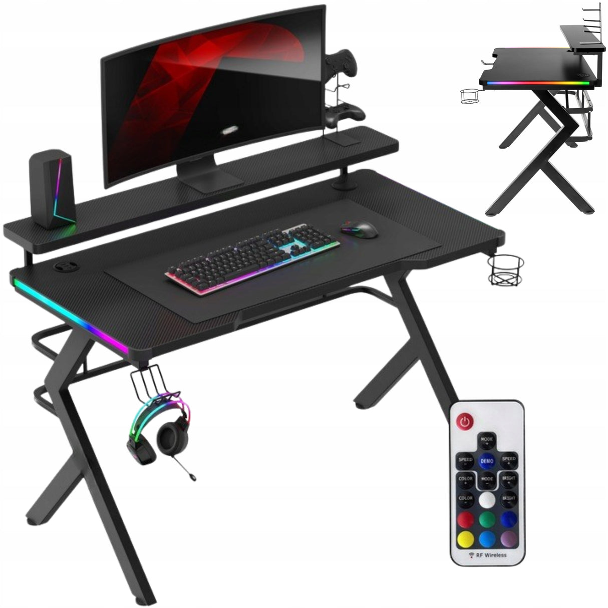 Biurko Gamingowe dla Gracza Młodzieżowe z Nadstawką+Uchwyty RGB LED Czarne