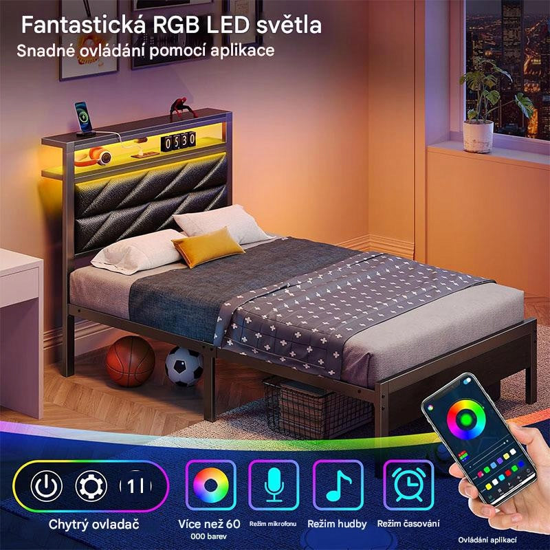 Rama Łóżka Czarna ze Stacją Ładującą i Oświetleniem LED BF029-BK90A-RR-EU