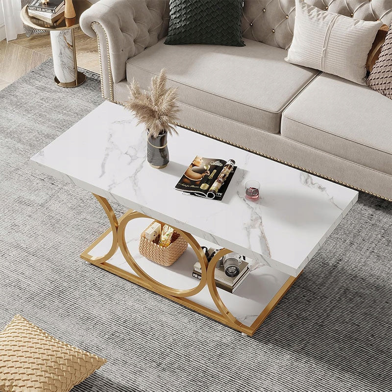 Stolik Kawowy Prostokątny 2 Poziomy Biały Złoty HOGA-C0848X 118x56,4x46,9cm