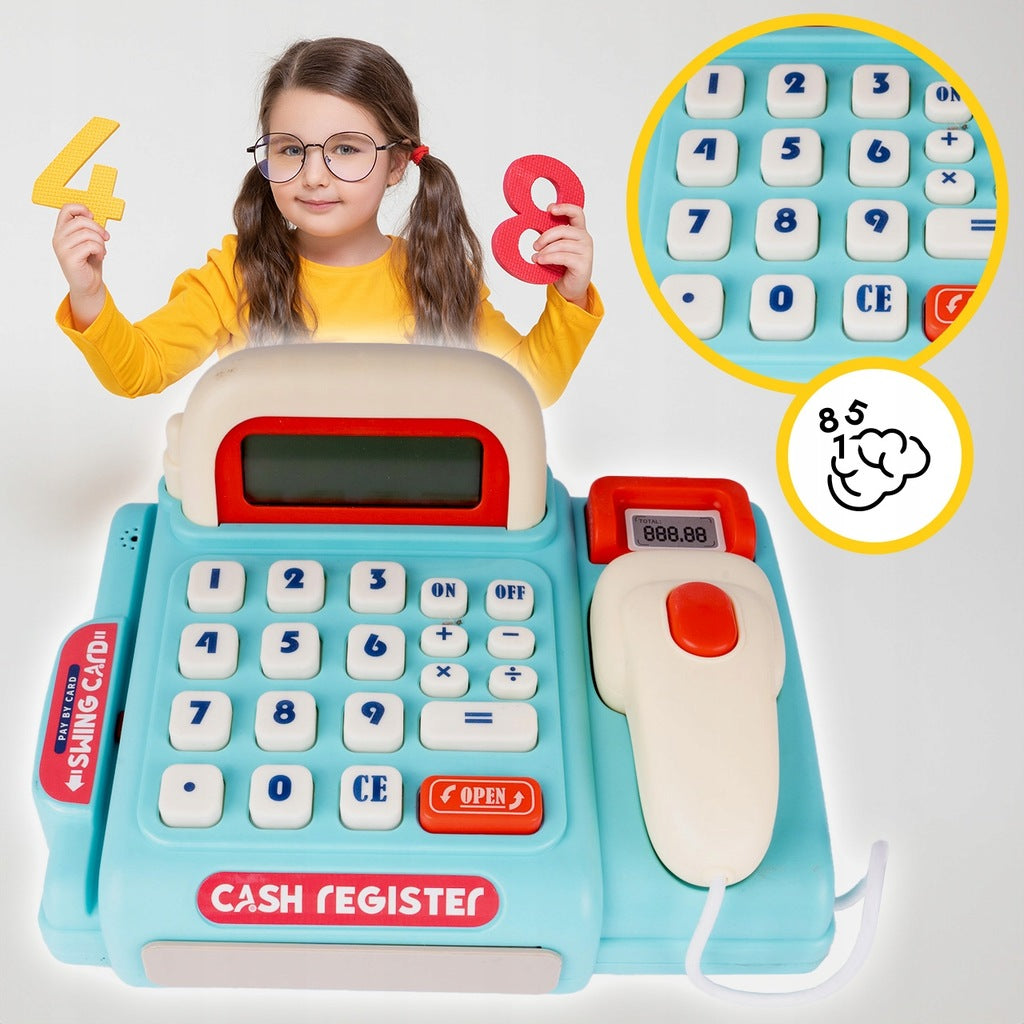 Kasa Sklepowa Fiskalna Skaner Dźwięk Zestaw Akcesoria Zabawkowa Kalkulator