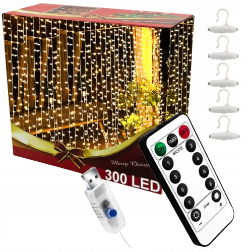 KURTYNA ŚWIETLNA LED 3x3 Lampki x300 Świąteczne Choinkowe Girlanda Na Okno