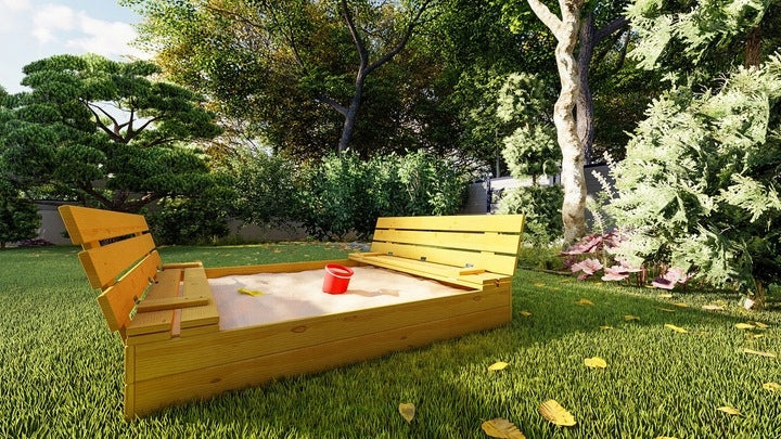Piaskownica Drewniana XXL Zamykana Składana Z Ławkami 150x150 Żółta+ GRATIS