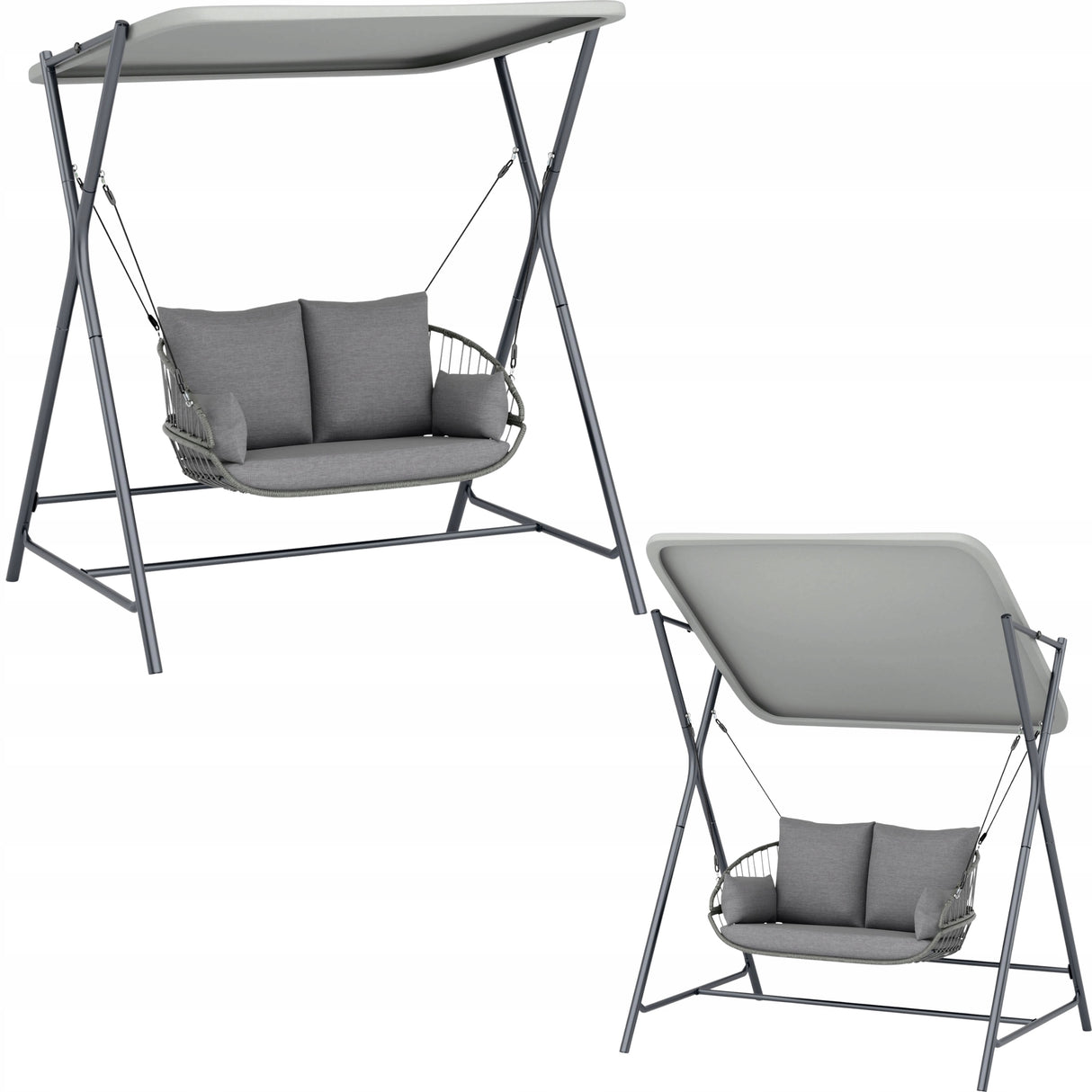 Huśtawka Ogrodowa Dwuosobowa Stal Poliester 171x130x173 cm do 220 Kg Szara