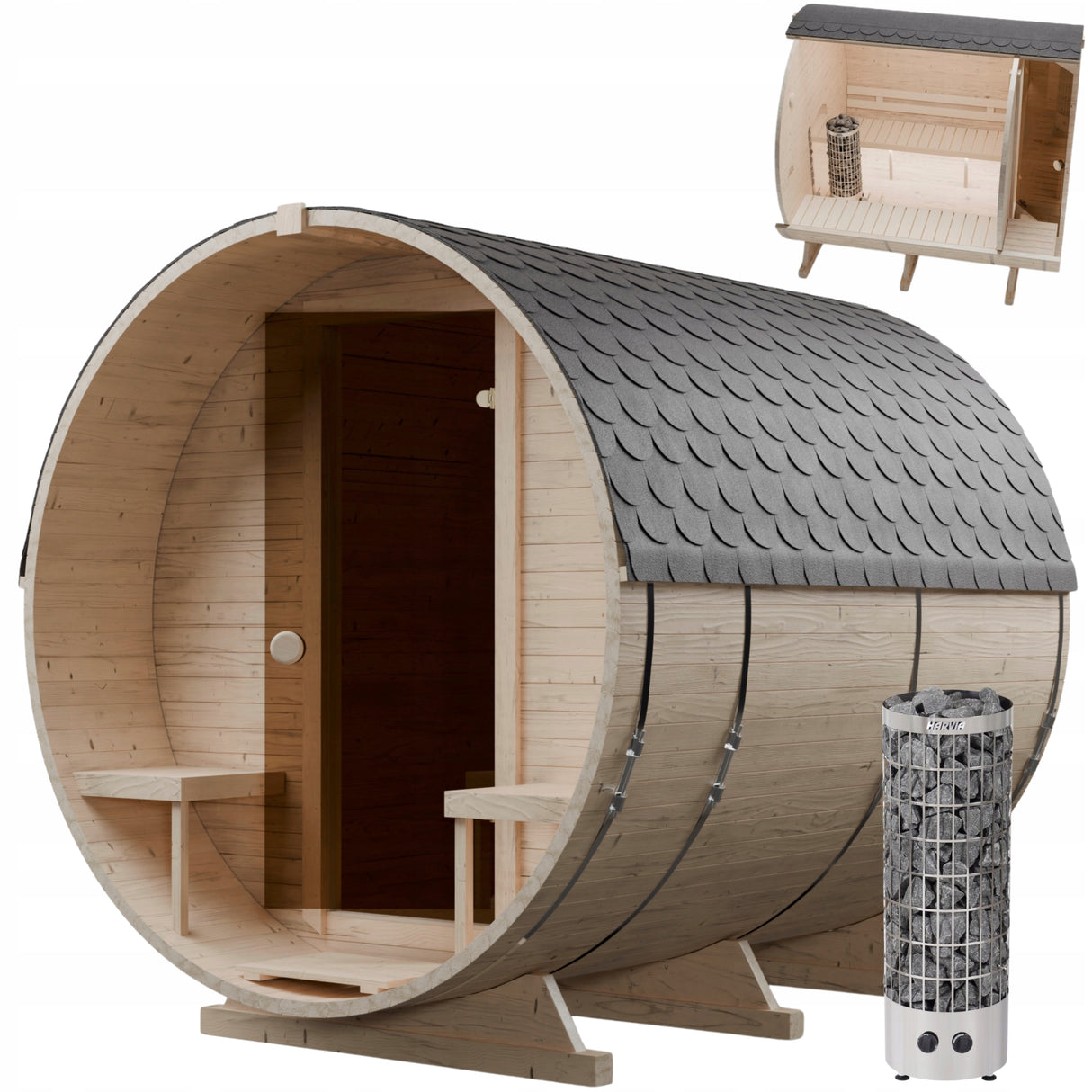 Sauna Ogrodowa Beczka Zestaw Szwedzkie Drewno 240 cm z Piecem HARVIA PC90
