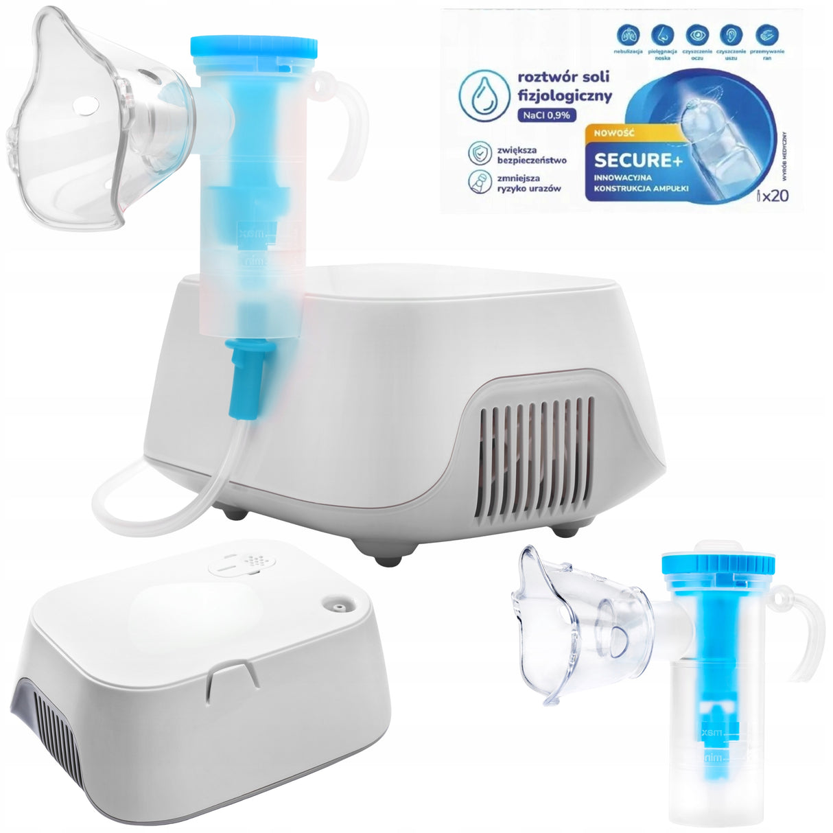 Inhalator Nebulizator Tłokowy Etui dla Dzieci Dorosłych + Zestaw Soli Fizjo