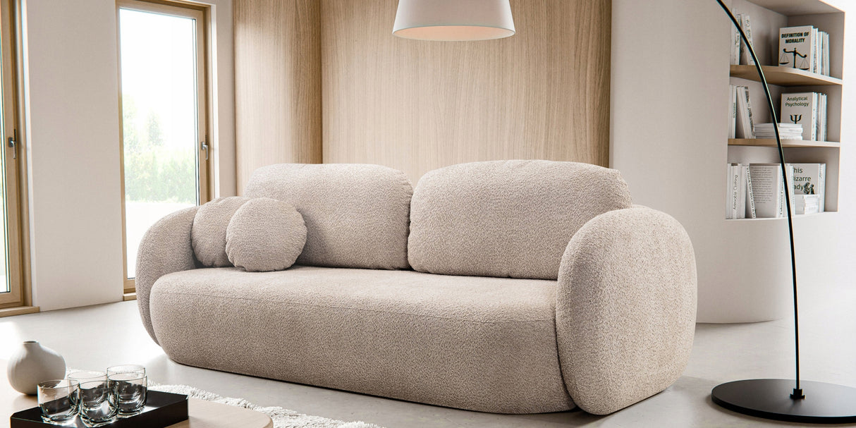 Sofa Rozkładana z Pojemnikiem na Pościel Obły Kształt Boucle Beżowa 238x101