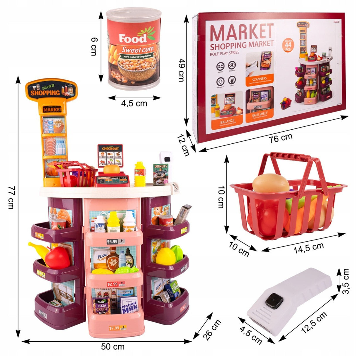 Sklep Supermarket Stragan Zabawka Kasa Koszyk + 44 Elementy dla Dzieci