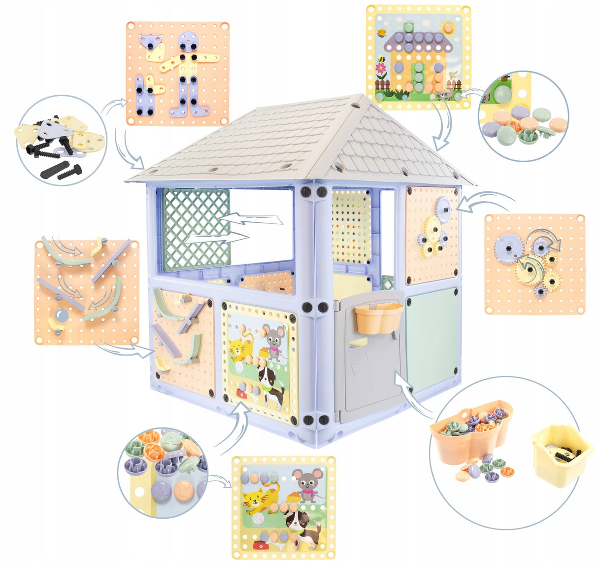 Domek Ogrodowy Dla Dzieci 6 Paneli Zabaw 128 x 115 x 106 cm 6W1 Plac Zabaw