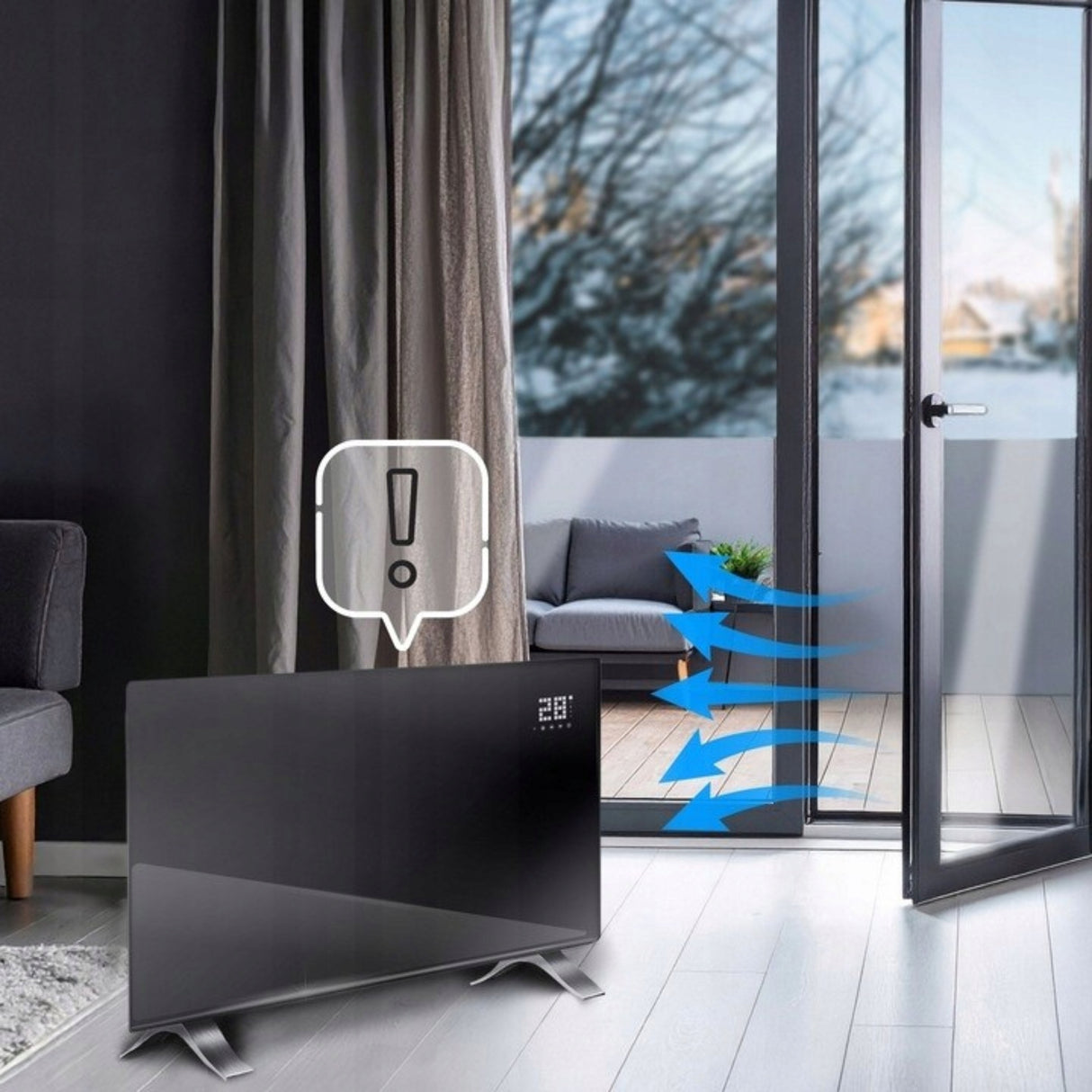 Grzejnik Elektryczny Konwektorowy Energooszczędny Szklany LED Czarny 2400W