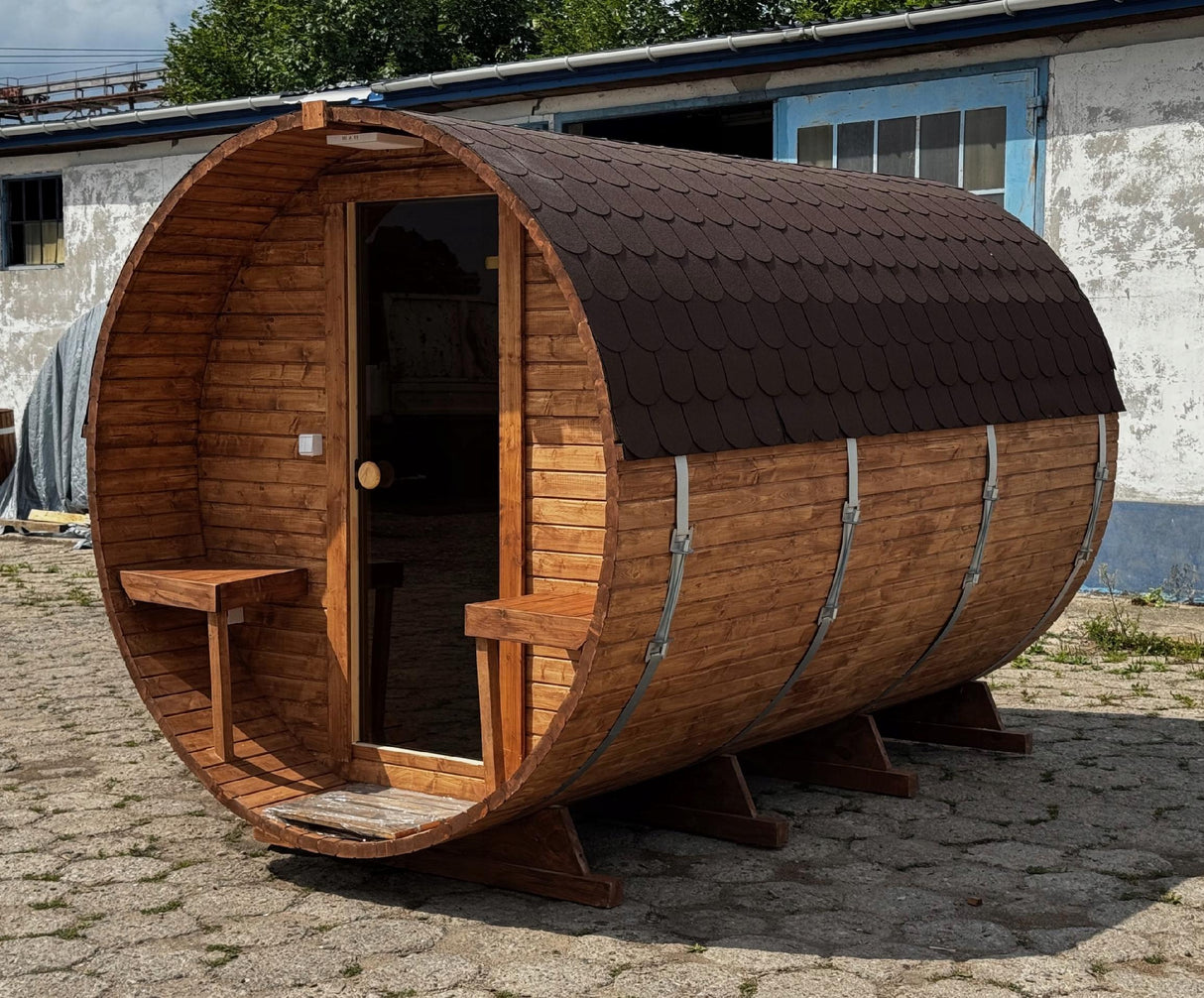 Sauna OgrodowaBeczka 340x220 cm Zestaw z Piecem na Drewno i Balią 120 cm