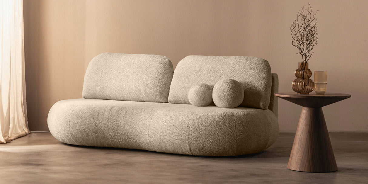 Sofa z Funkcją Spania i Pojemnikiem na Pościel Obłe Kształty Boucle Beżowa
