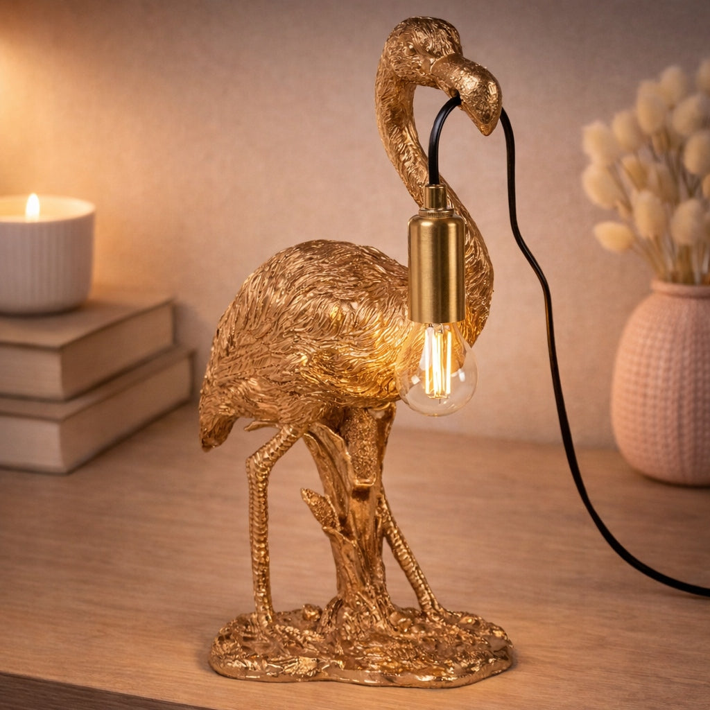 Lampa Złota Stołowa Flaming Złoty Elegancka Lampka Nocna w Kształt Flaminga