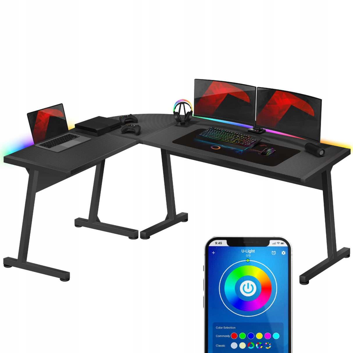Biurko Gamingowe Młodzieżowe Narożne RGB LED Pilot Dwustronne L/P Czarne