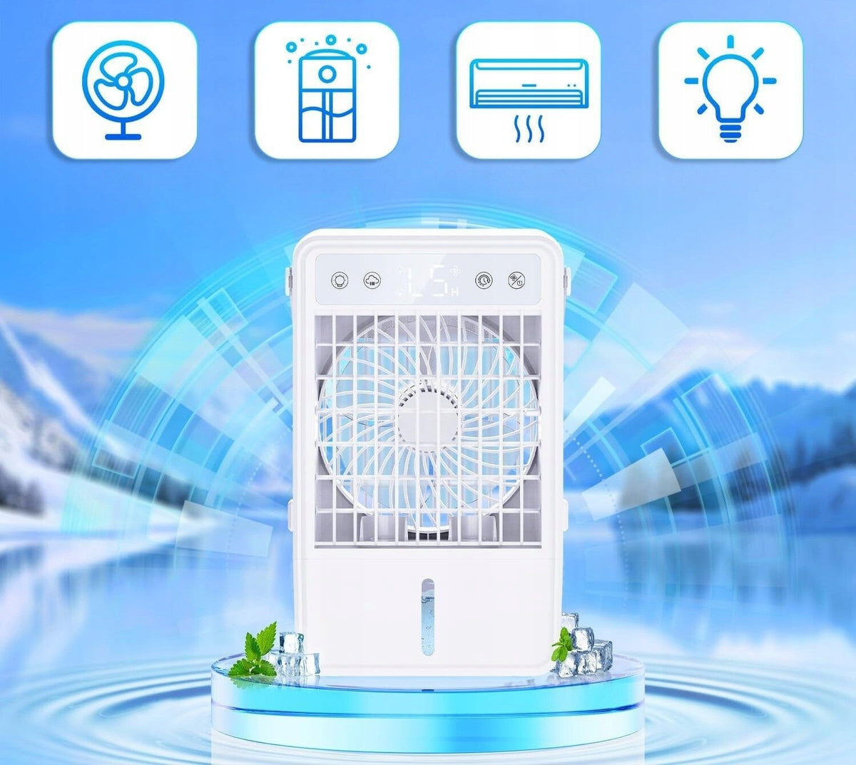 Klimatyzator Przenośny 4w1 LED 5 Prędkości 1500 ml Zbiornik z Pilotem Biały