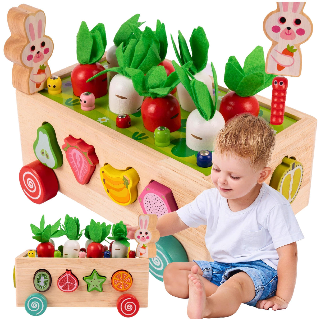 Układanka Drewniana Montessori Marchewki Wózek Złap Robaczka Sorter Klocków