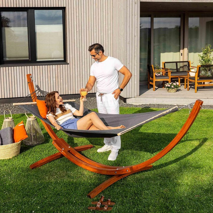 Hamak ze Stelażem Drewianym Ogrodowy z Drążkiem do 150 Kg 320x120 cm Szary