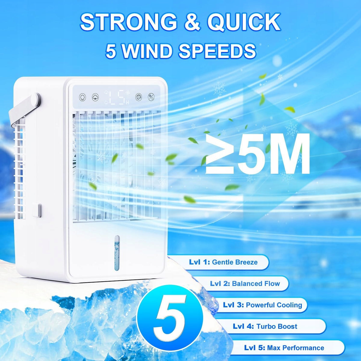 Klimatyzator Przenośny 4w1 LED 5 Prędkości 1500 ml Zbiornik z Pilotem Biały