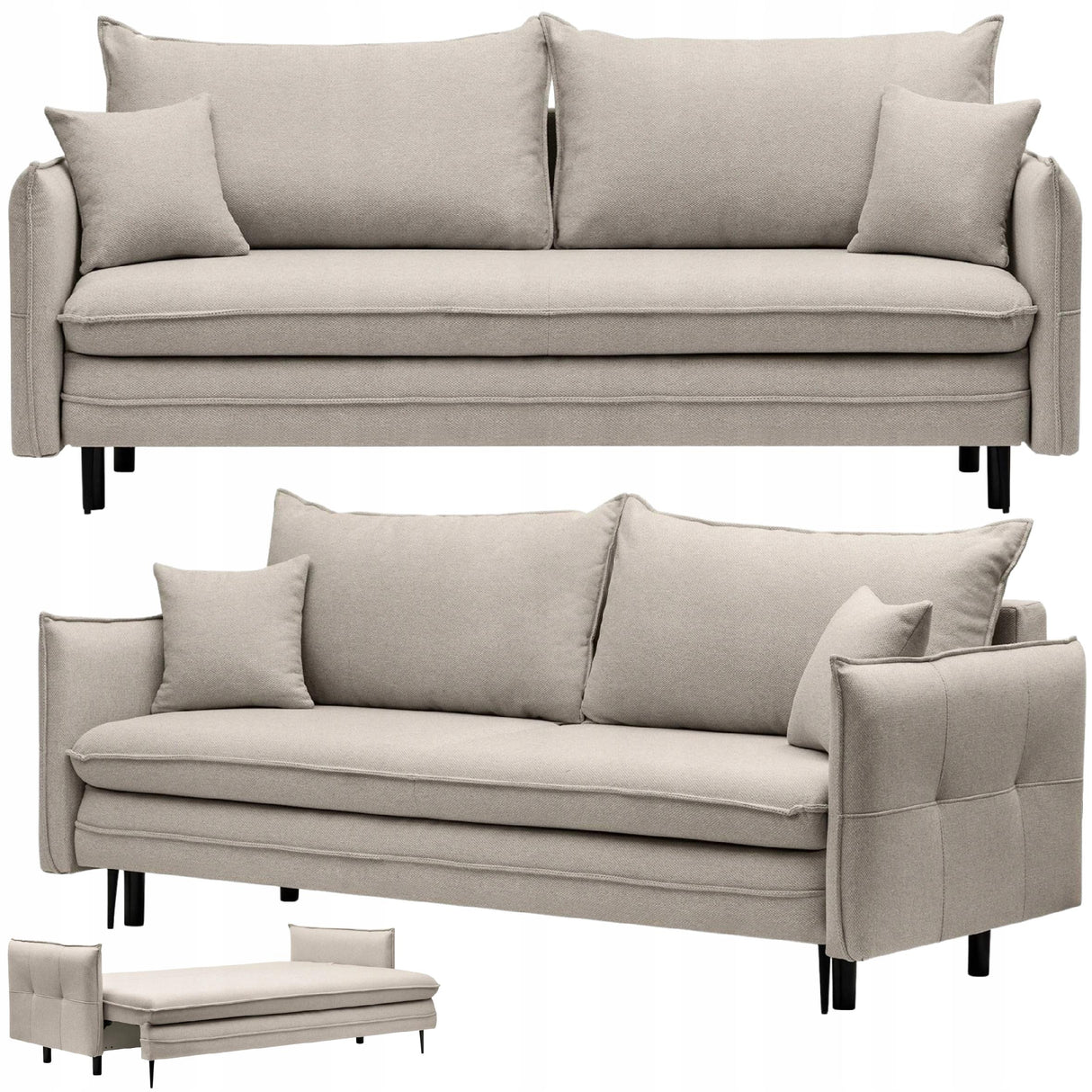 Sofa Rozkładana z Funkcją Spania i Pojemnikiem Beżowo-szara 218 x 105 cm