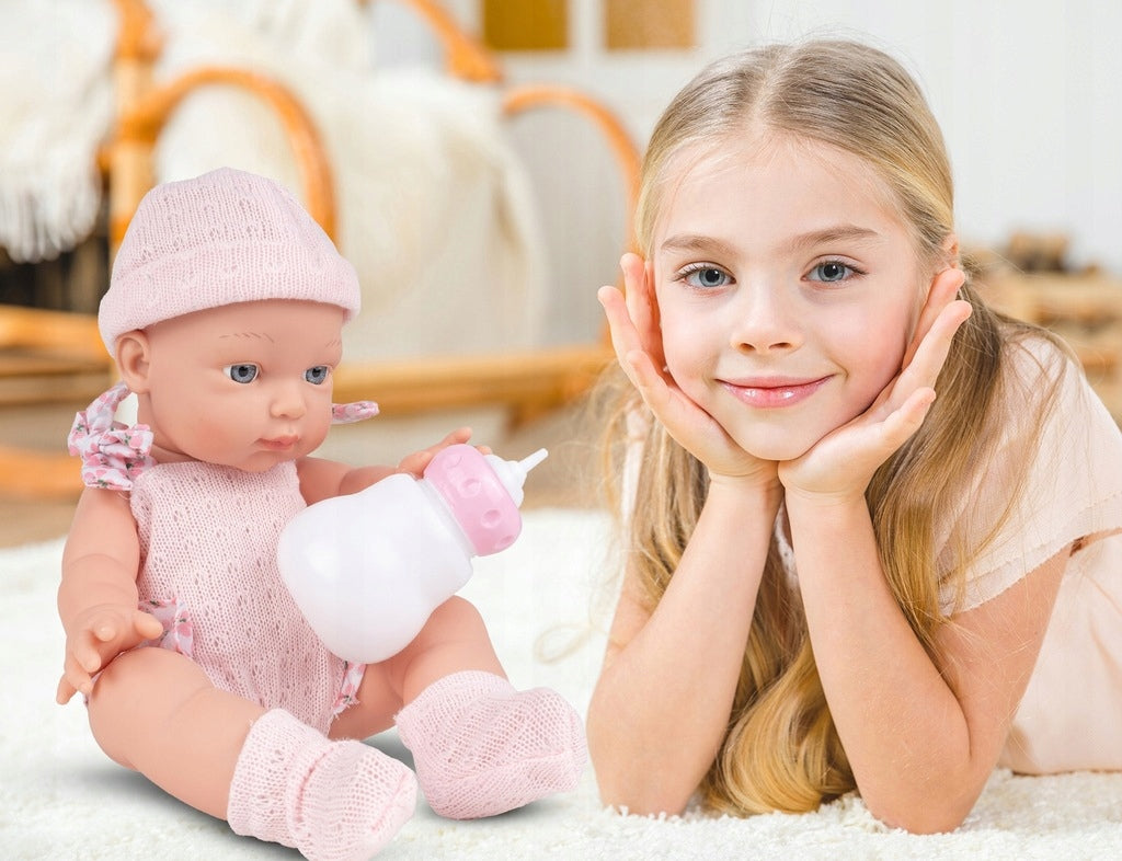 Lalka Niemowlak Bobas Różowe Ubranko + Butelka Akcesoria dla Dzieci Śliczna