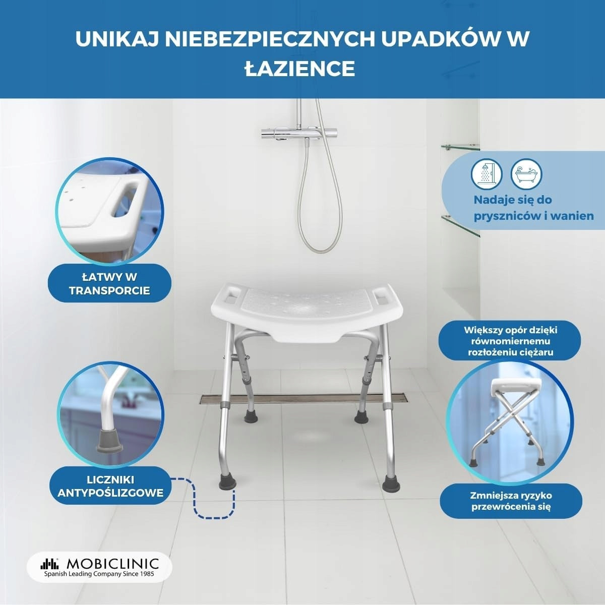 Siedzisko Prysznicowe Poves U267 Regulacja Wysokości Antypoślizgowe