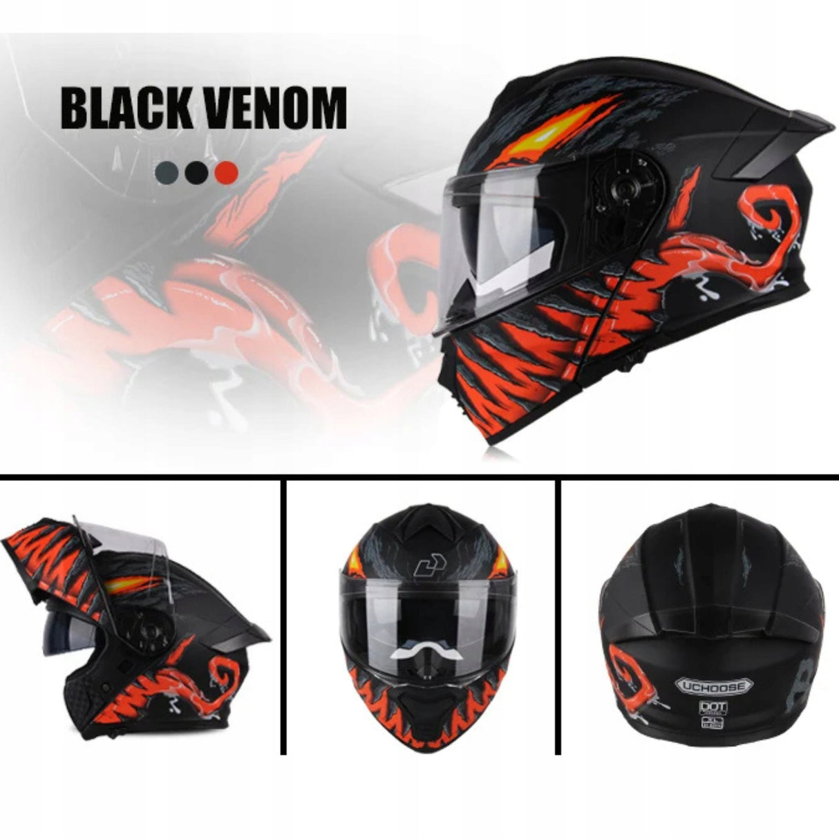 Kask Motocyklowy Szczękowy Czarny-Pomarańcz Podwójnie Przeciwsłoneczny XL
