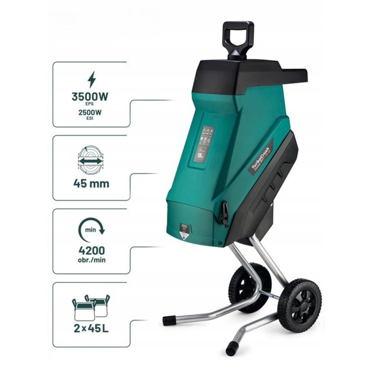 Elektryczny Rozdrabniacz Gałęzi TurboCrush 3500 W 45 L z Dwoma Workami