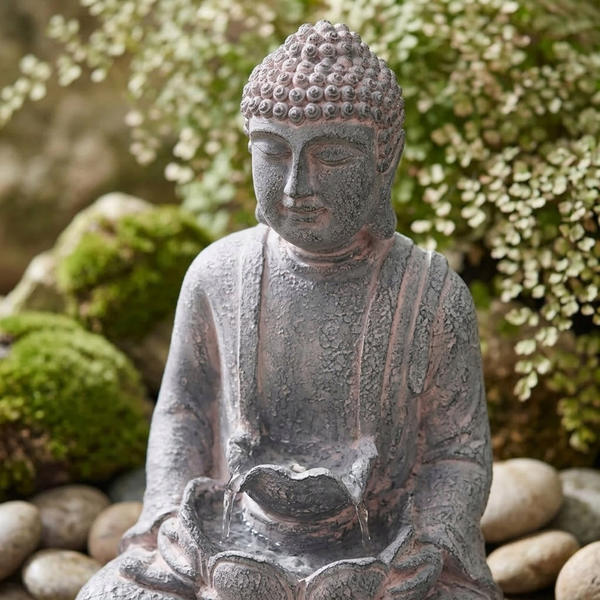 Fontanna Ogrodowa LED Budda Szara Dekoracja Wodna Do Ogrodu Tarasu 71 cm