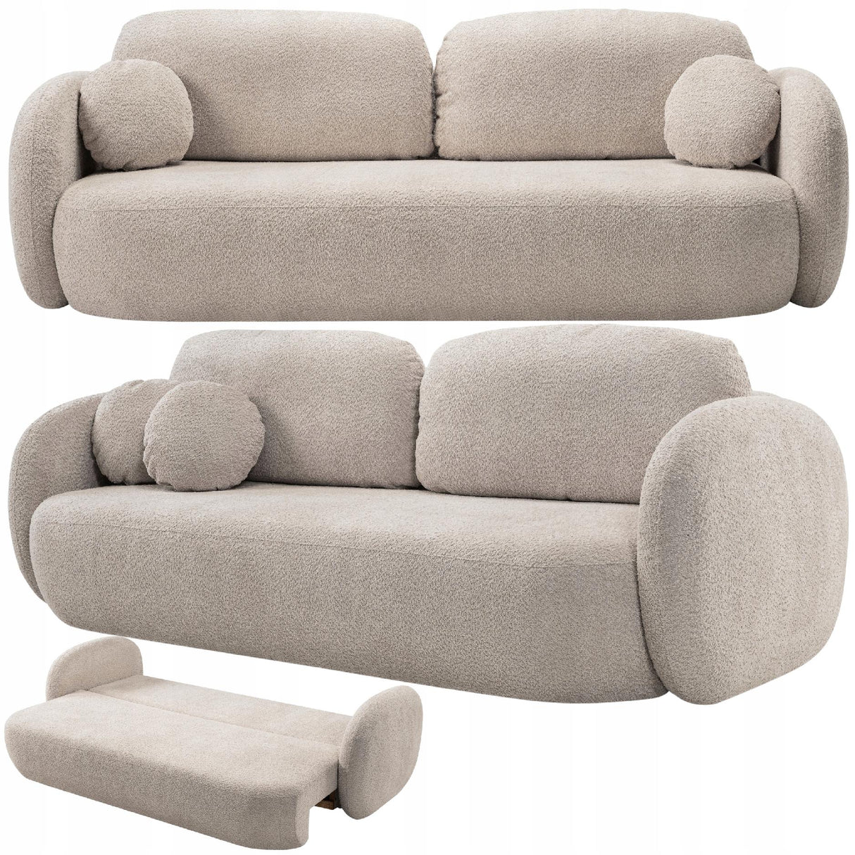 Sofa Rozkładana z Pojemnikiem na Pościel Obły Kształt Boucle Beżowa 238x101
