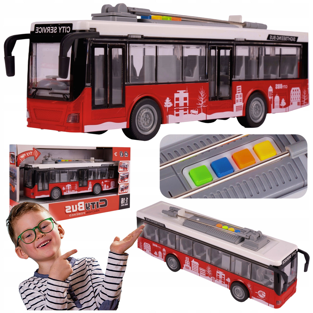 TROLEJBUS AUTOBUS ŚWIATŁA OTWIERANIE DRZWI ELEKTRYCZNY INTERAKTYWNY 1:16