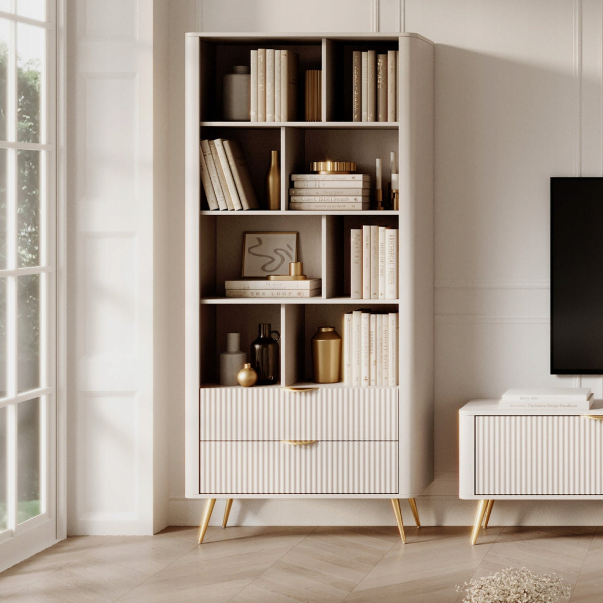 Regał z Szufladami Elegancki Ryflowany Zaokrąglone Krawędzie Beżowy 193x88