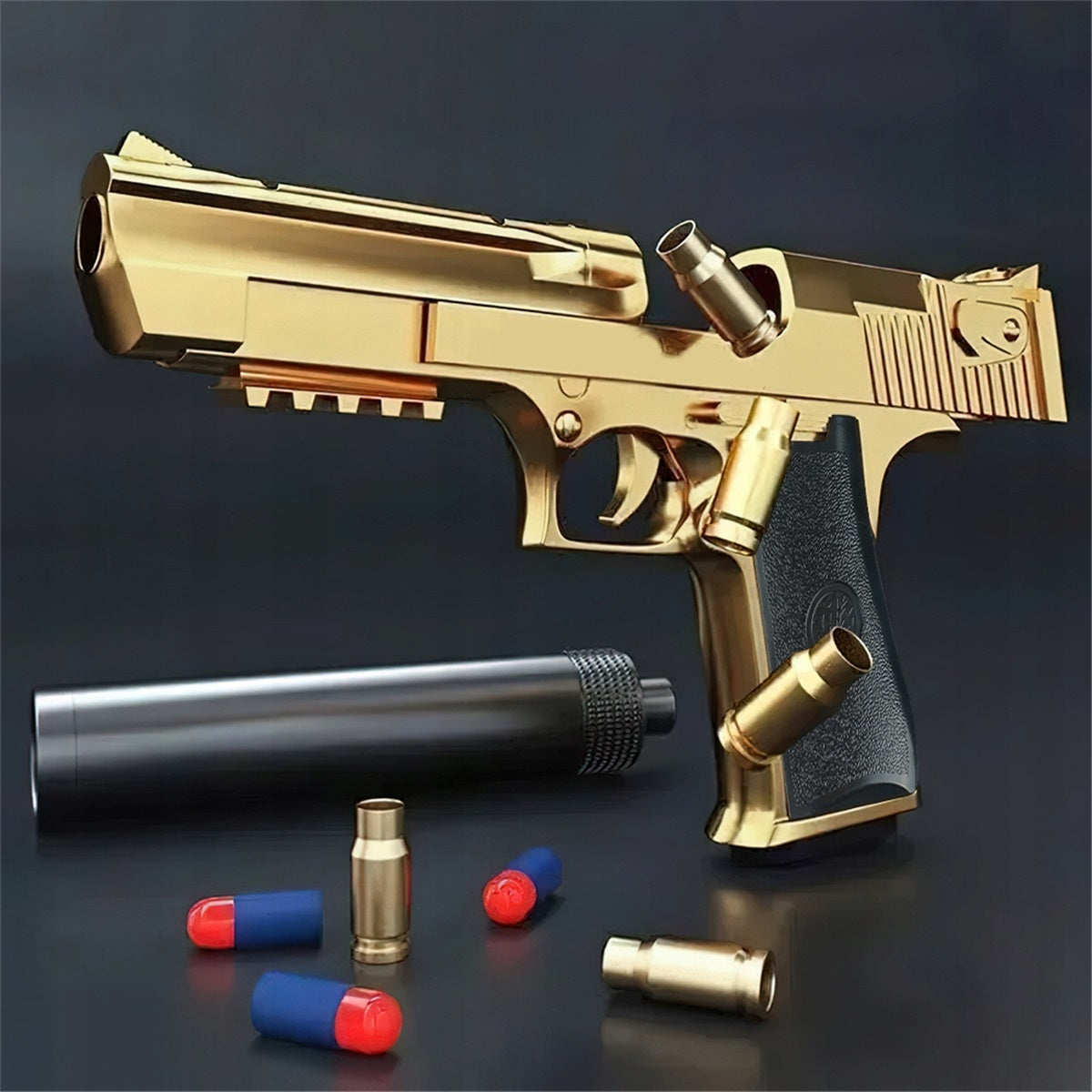 Pistolet Na Naboje Gąbkowe Wyrzut Łusek 2 Magazynki 30 Naboi Złoty