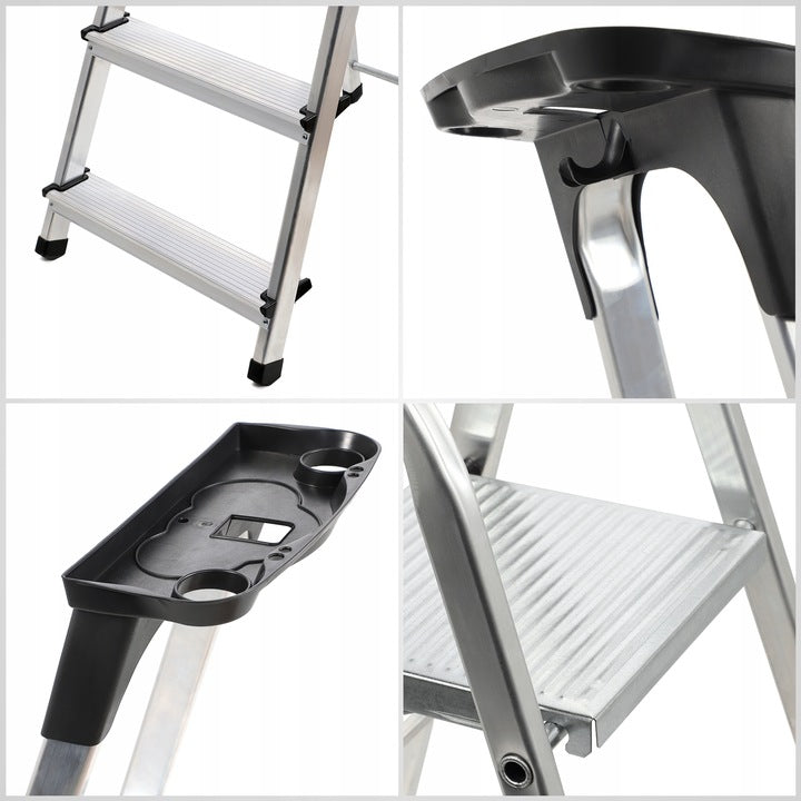 DRABINA ALUMINIOWA 3 STOPNIOWA SKŁADANA DOMOWA MOCNA PÓŁKA +HAK 125kg POVES