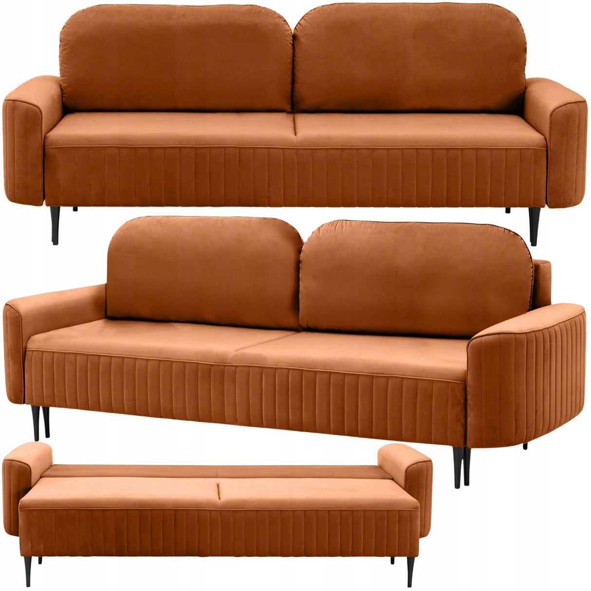 Sofa Rozkładana z Pojemnikiem na Pościel Welurowa Miedziana 244x102 cm