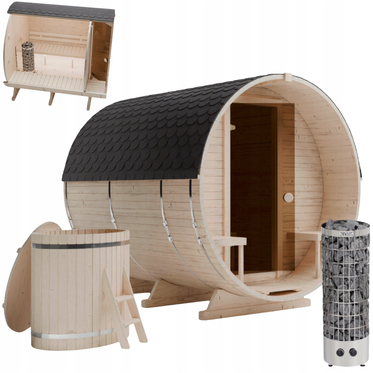 Sauna Ogrodowa Beczka 240 cm z Piecem HARVIA PC90 i Balią Szwedzkie Drewno