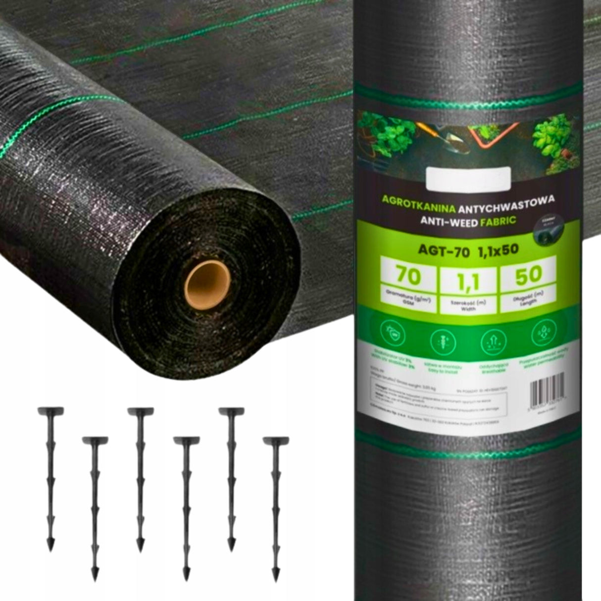 Agrotkanina agrowłóknina na chwasty 70g czarna 1,1x50m UV 3% mocne kotwy