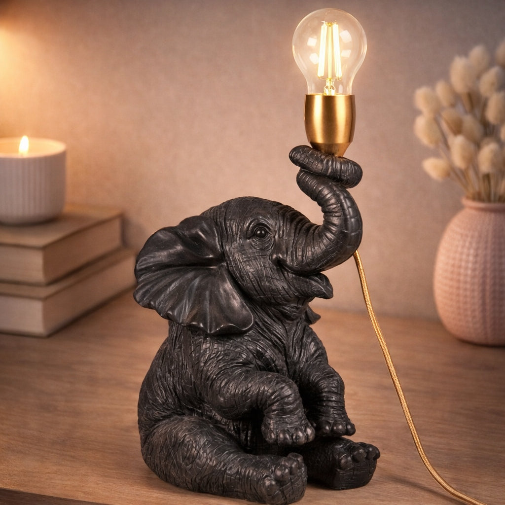 Lampa Czarna Stołowa w Kształcie Słonia Elegancka Lampka Mosiądz 37cm Słoń