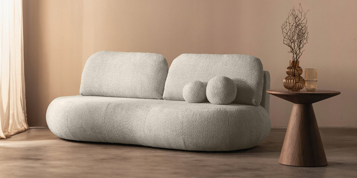 Sofa z Funkcją Spania i Pojemnikiem na Pościel Obłe Kształty Boucle Kremowa