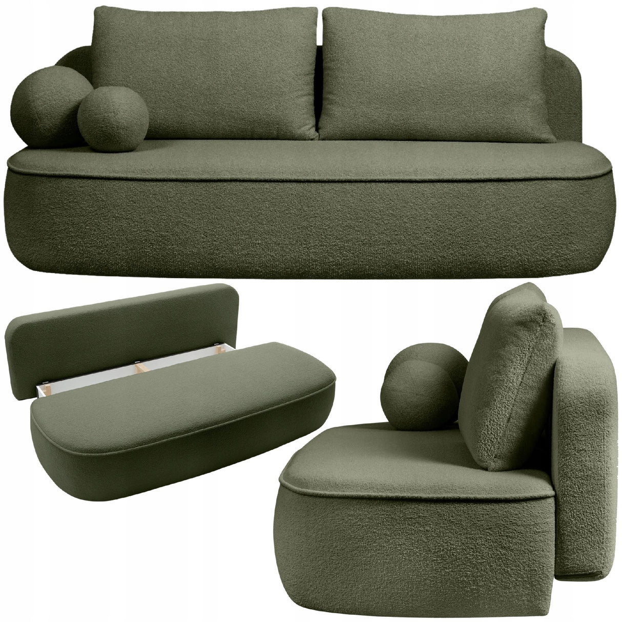 Sofa Zaokrąglony Kształt z Funkcją Spania Pojemnikiem Ciemnozielona 212x100
