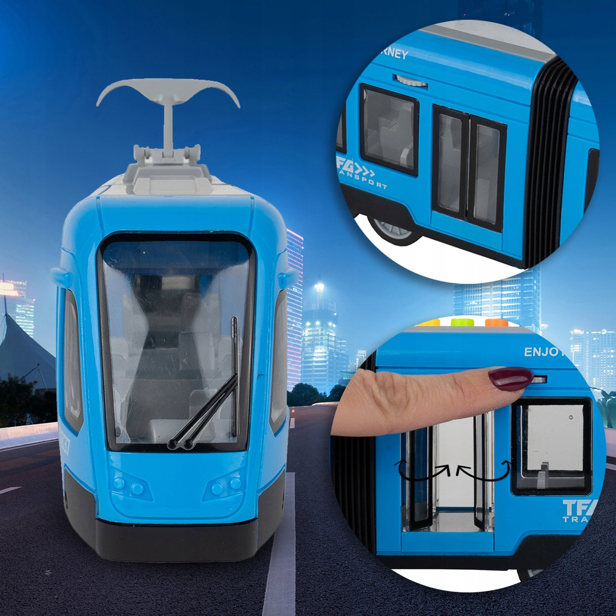 Tramwaj Trolejbus Zabawka na Baterie Światło Dźwięk Otwierane Drzwi 44cm